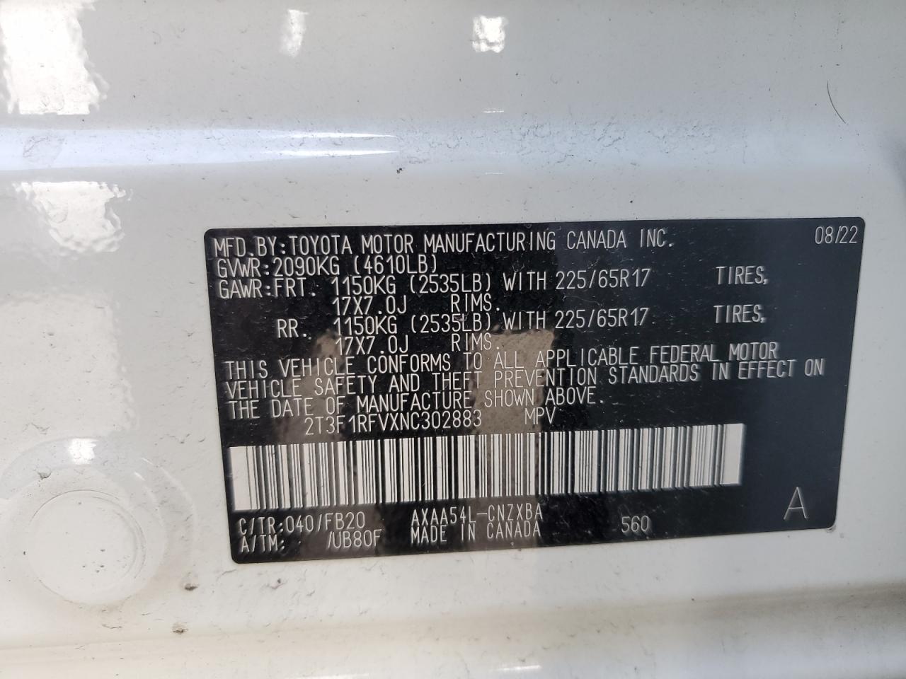 2022 TOYOTA RAV4 LE VIN:2T3F1RFVXNC302883