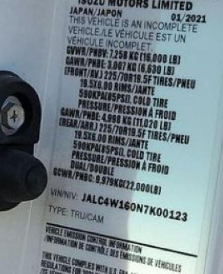 2022 ISUZU NPR XD VIN:JALC4W160N7K00123