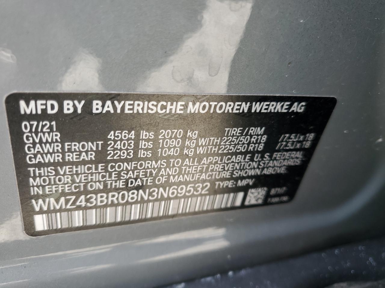 2022 MINI COOPER COUNTRYMAN ALL4 VIN:WMZ43BR08N3N69532