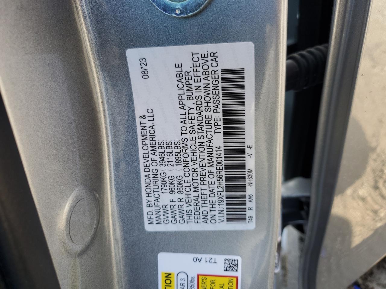 2024 HONDA CIVIC LX VIN:19XFL2H56RE001414