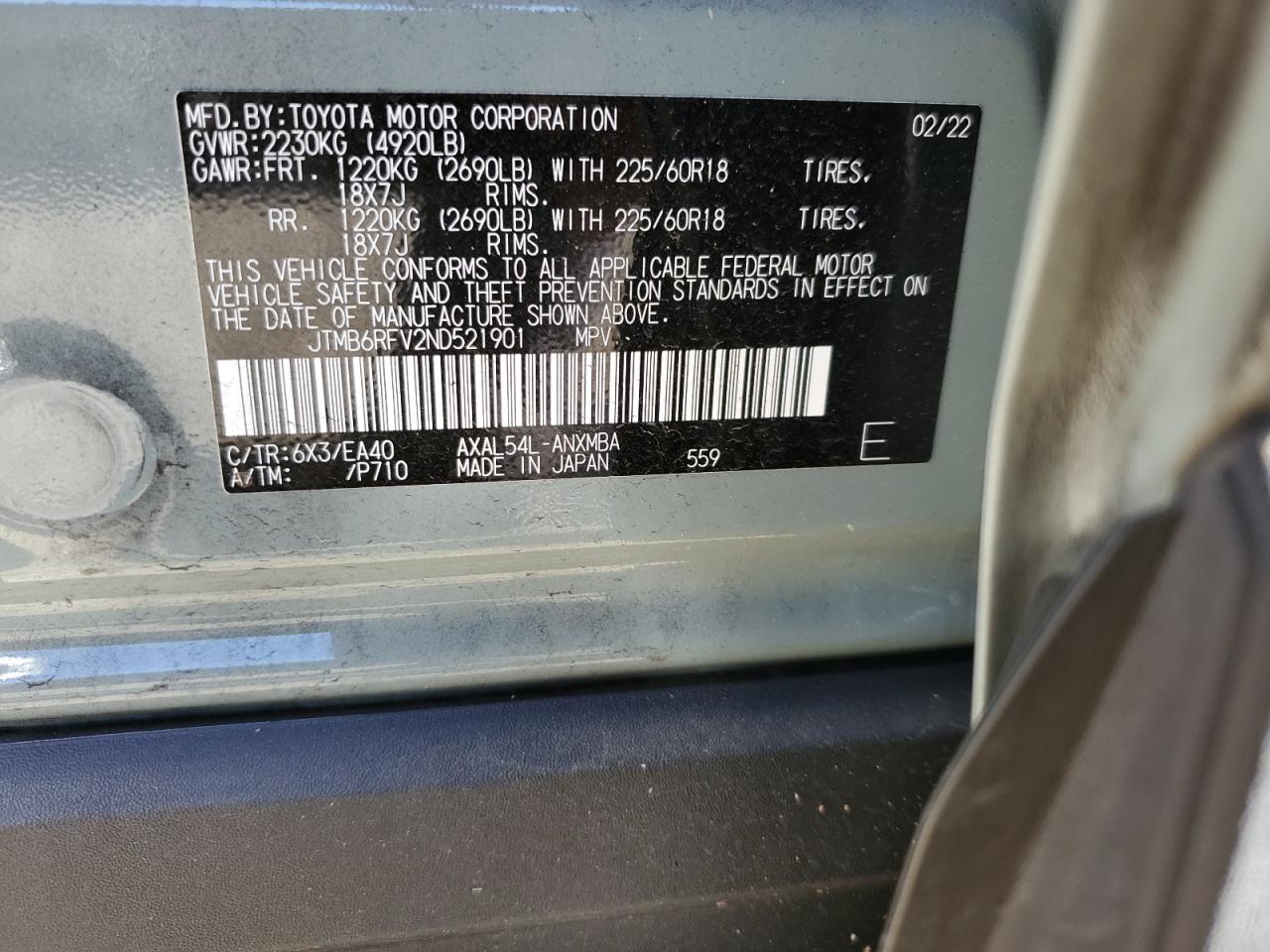 2022 TOYOTA RAV4 XLE PREMIUM VIN:JTMB6RFV2ND521901