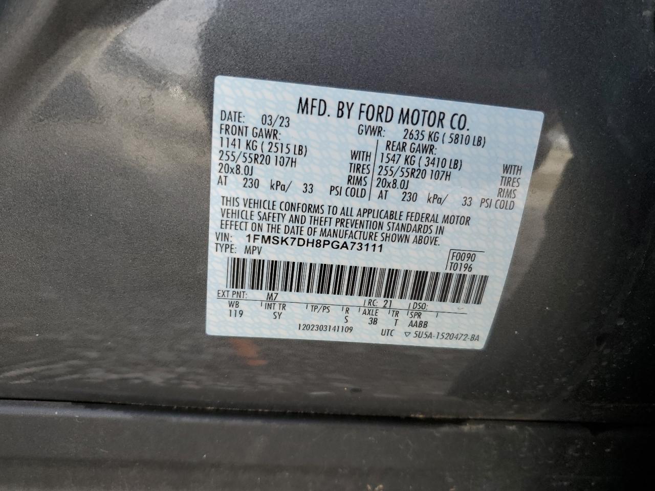 2023 FORD EXPLORER XLT VIN:1FMSK7DH8PGA73111