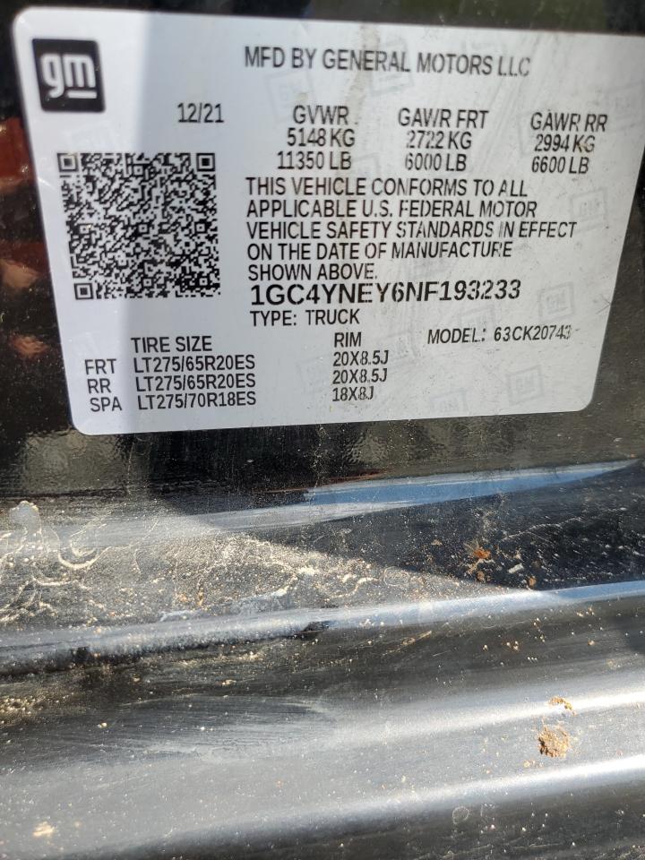 2022 CHEVROLET SILVERADO K2500 HEAVY DUTY LT VIN:1GC4YNEY6NF193233