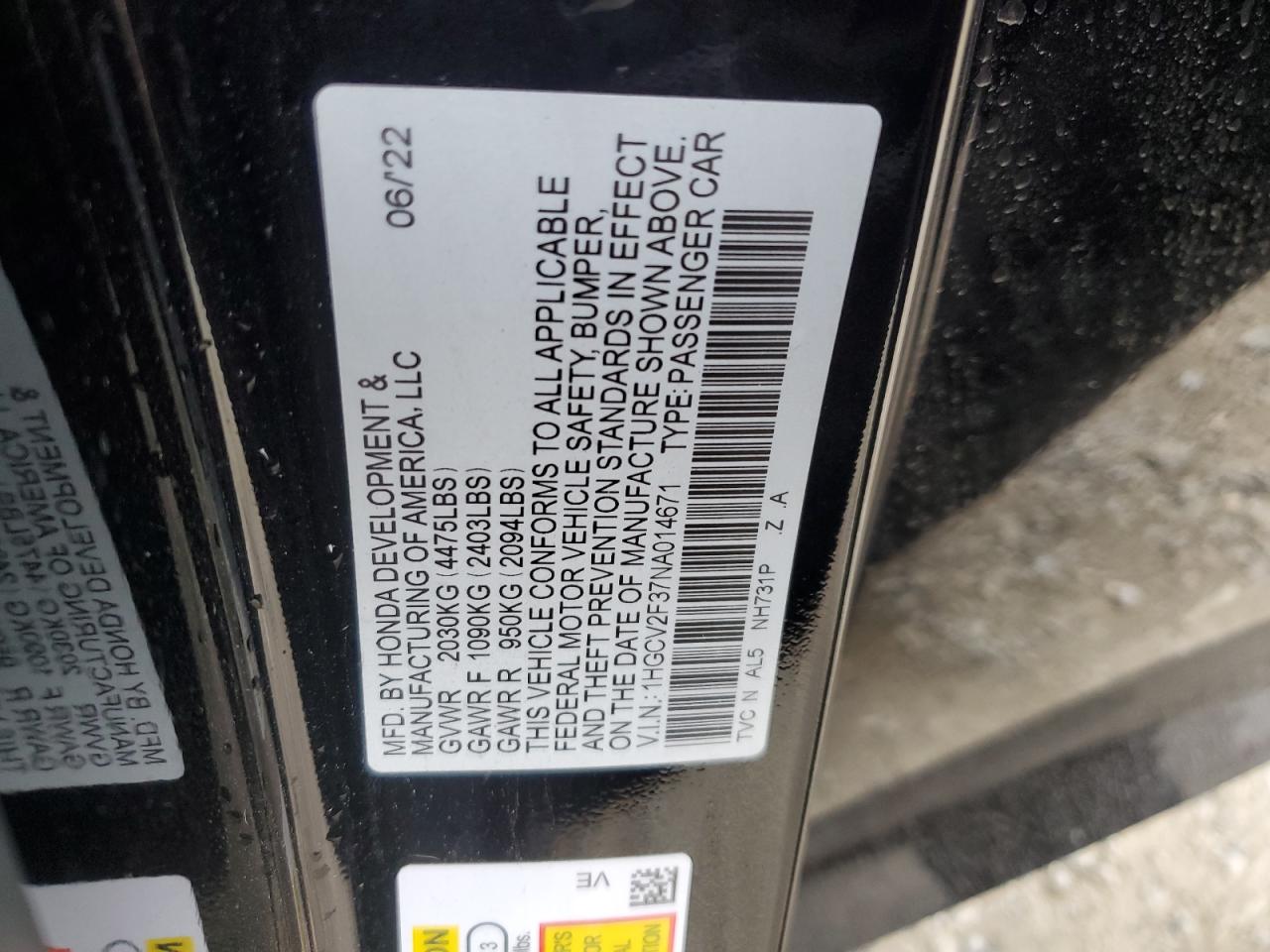 2022 HONDA ACCORD SPORT VIN:1HGCV2F37NA014671