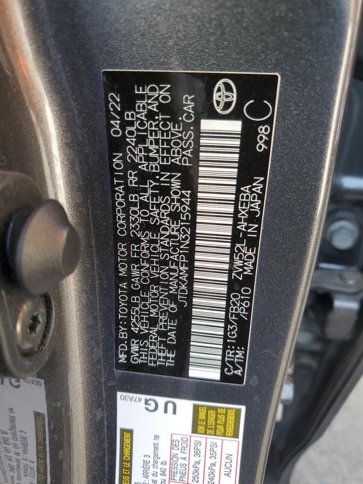 2022 TOYOTA PRIUS PRIME LE VIN:JTDKAMFP1N3215944