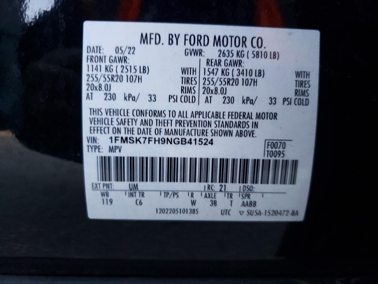 2022 FORD EXPLORER LIMITED VIN:1FMSK7FH9NGB41524