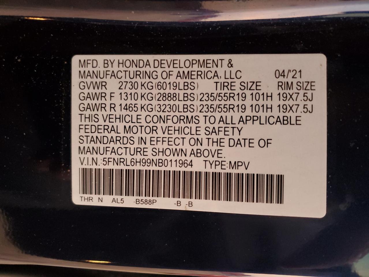 2022 HONDA ODYSSEY ELITE VIN:5FNRL6H99NB011964