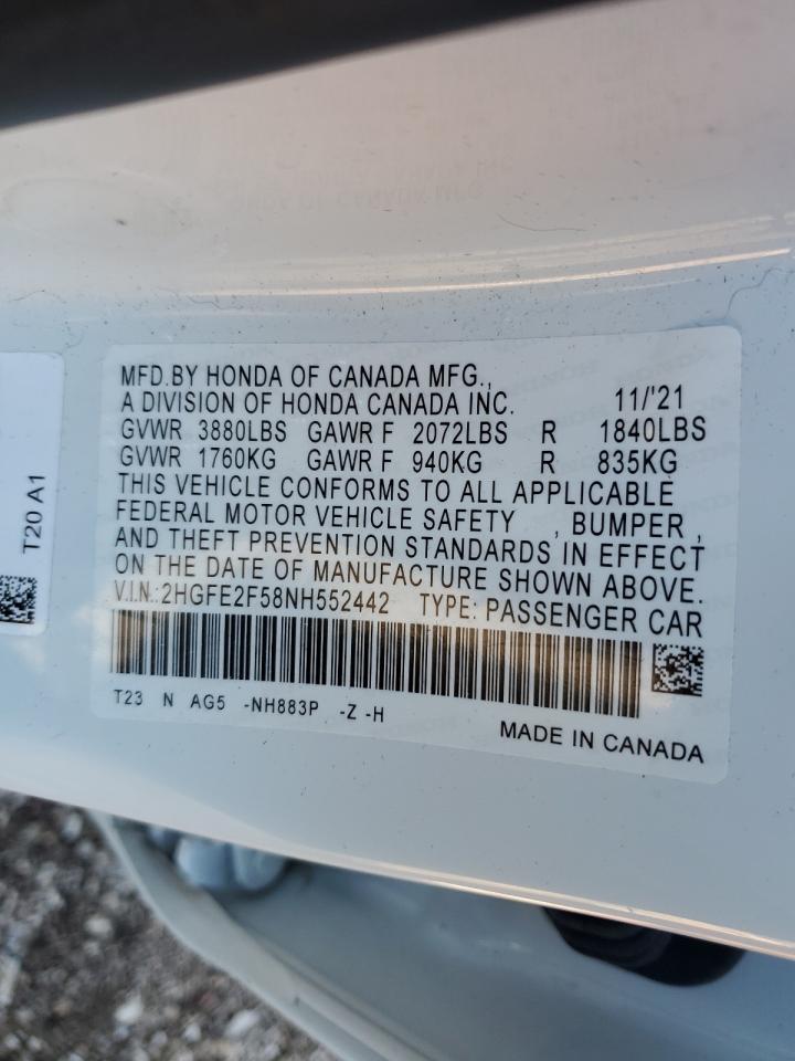 2022 HONDA CIVIC SPORT VIN:2HGFE2F58NH552442