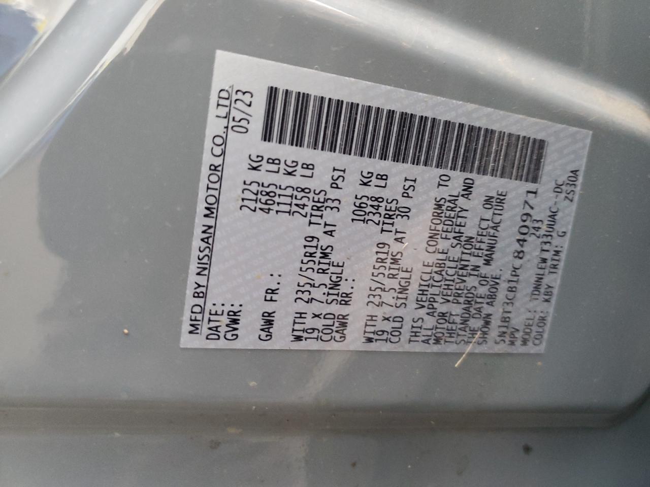 2023 NISSAN ROGUE SL VIN:5N1BT3CB1PC840971
