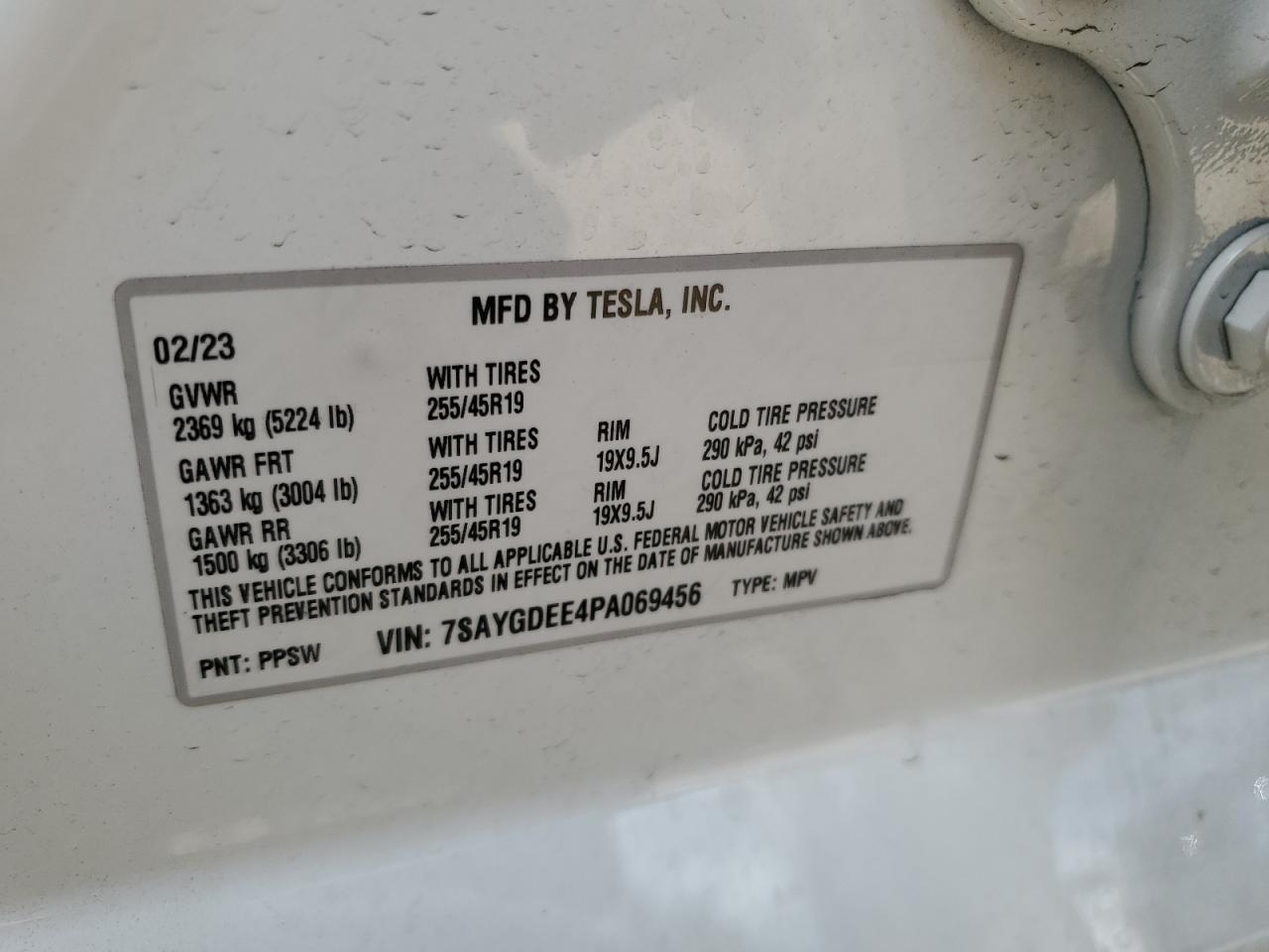 2023 TESLA MODEL Y VIN:7SAYGDEE4PA069456