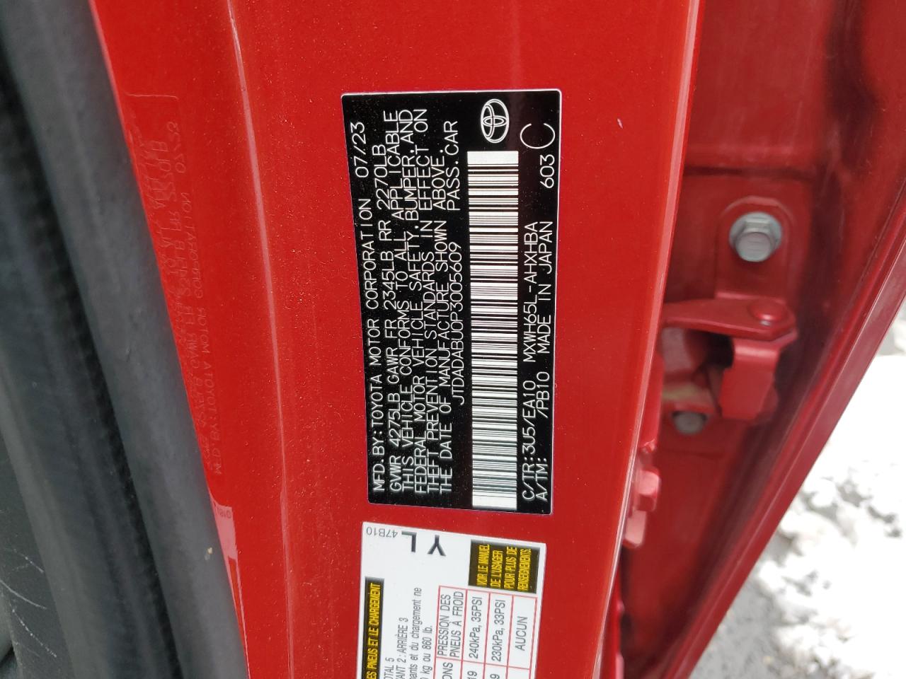 2023 TOYOTA PRIUS LE VIN:JTDADABU0P3005609