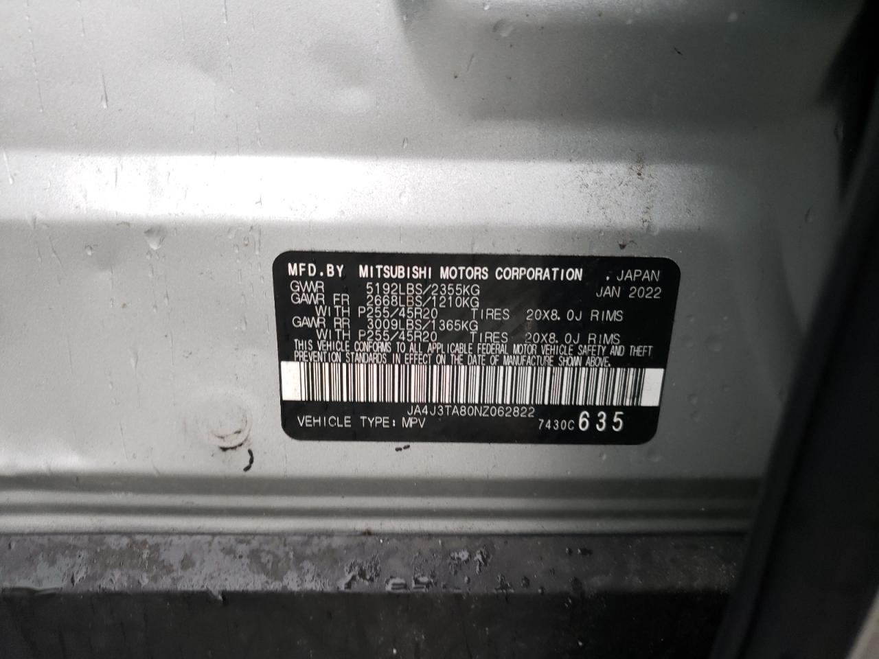 2022 MITSUBISHI OUTLANDER ES VIN:JA4J3TA80NZ062822