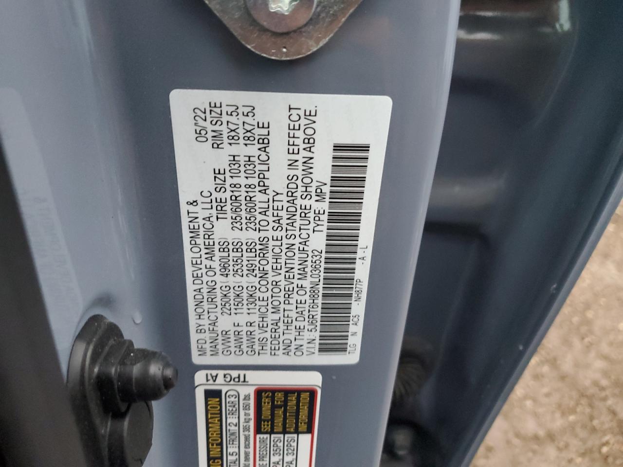 2022 HONDA CR-V EXL VIN:5J6RT6H88NL036532