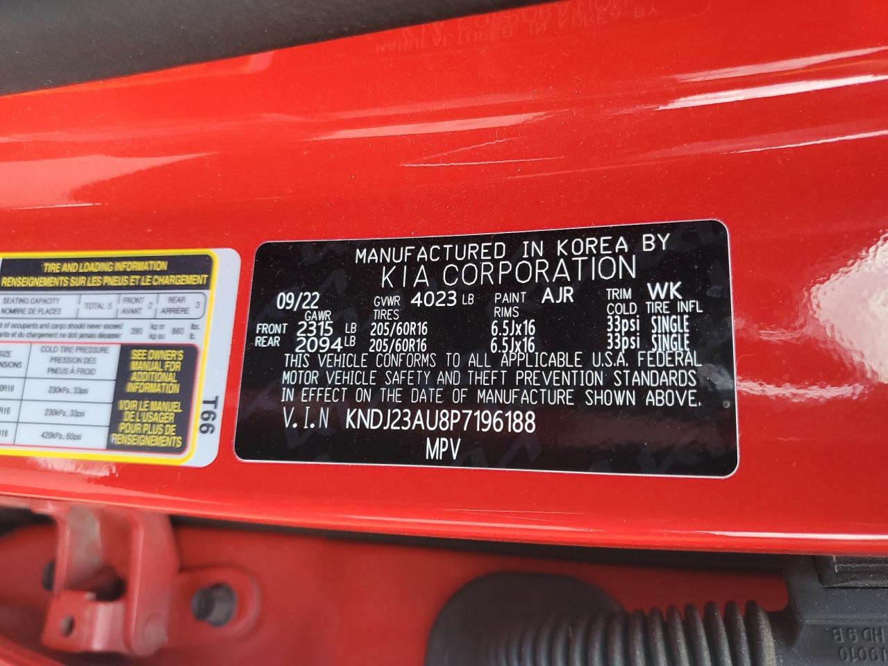 2023 KIA SOUL LX VIN:KNDJ23AU8P7196188