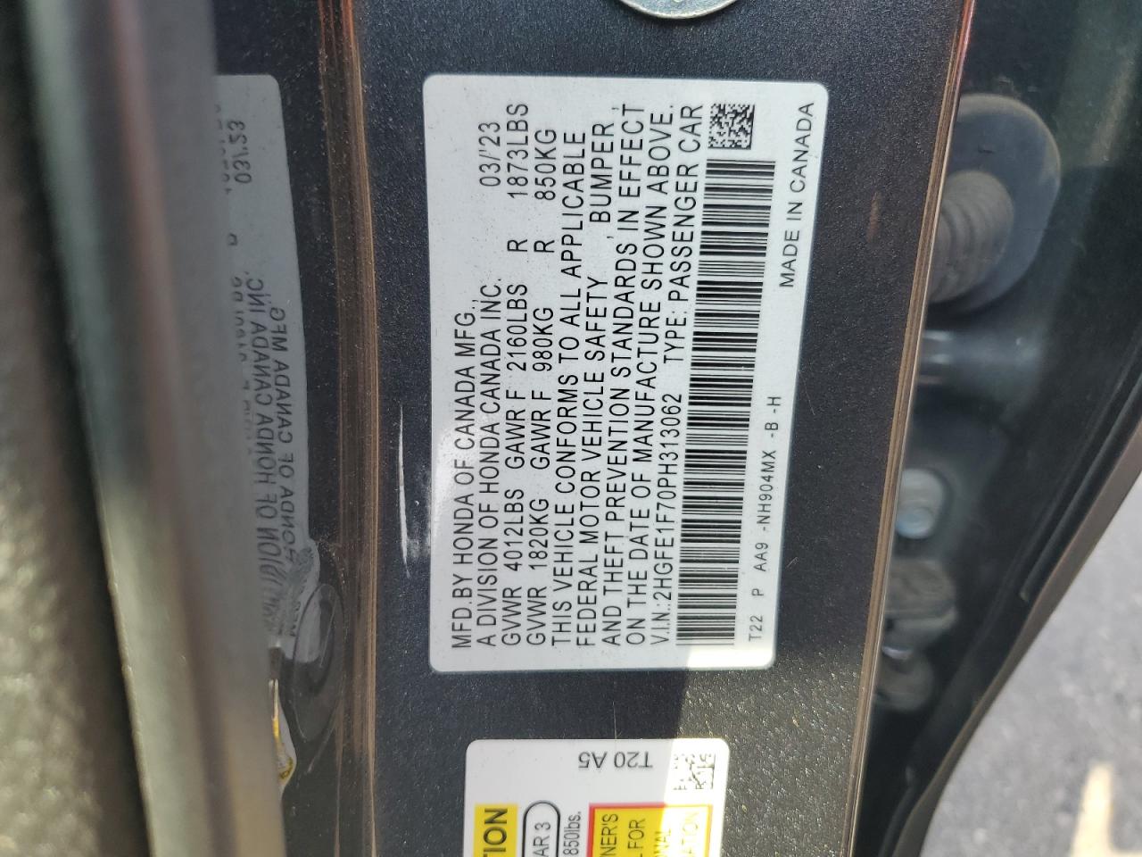 2023 HONDA CIVIC EX VIN:2HGFE1F70PH313062