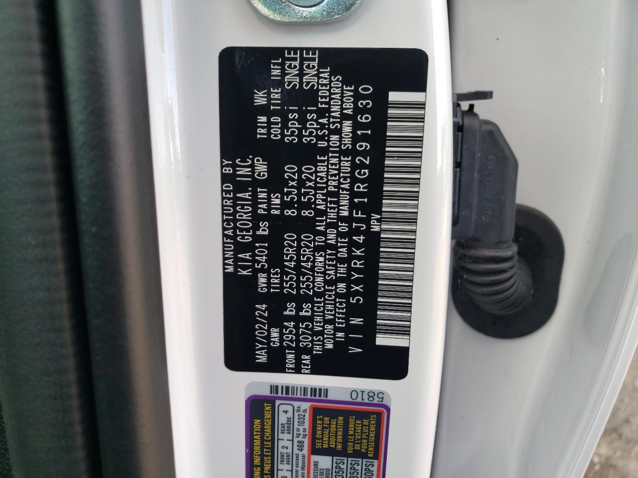2024 KIA SORENTO SX VIN:5XYRK4JF1RG291630