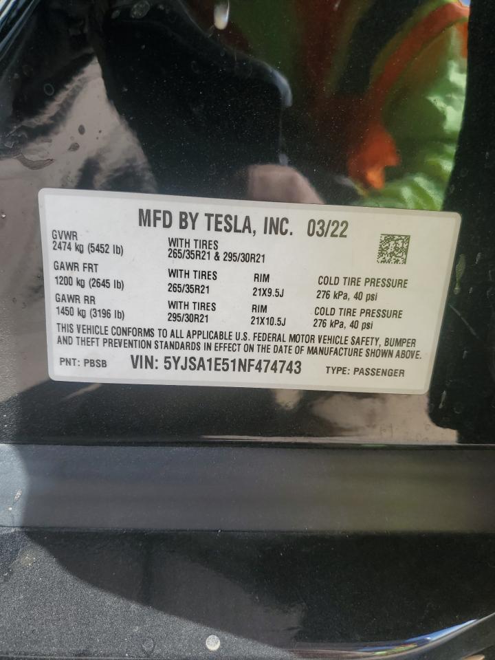 2022 TESLA MODEL S VIN:5YJSA1E51NF474743