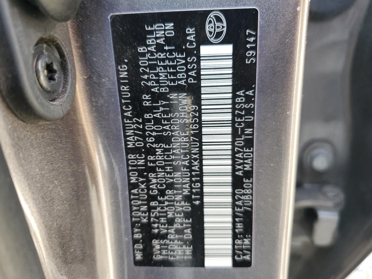 2022 TOYOTA CAMRY SE VIN:4T1G11AKXNU716529