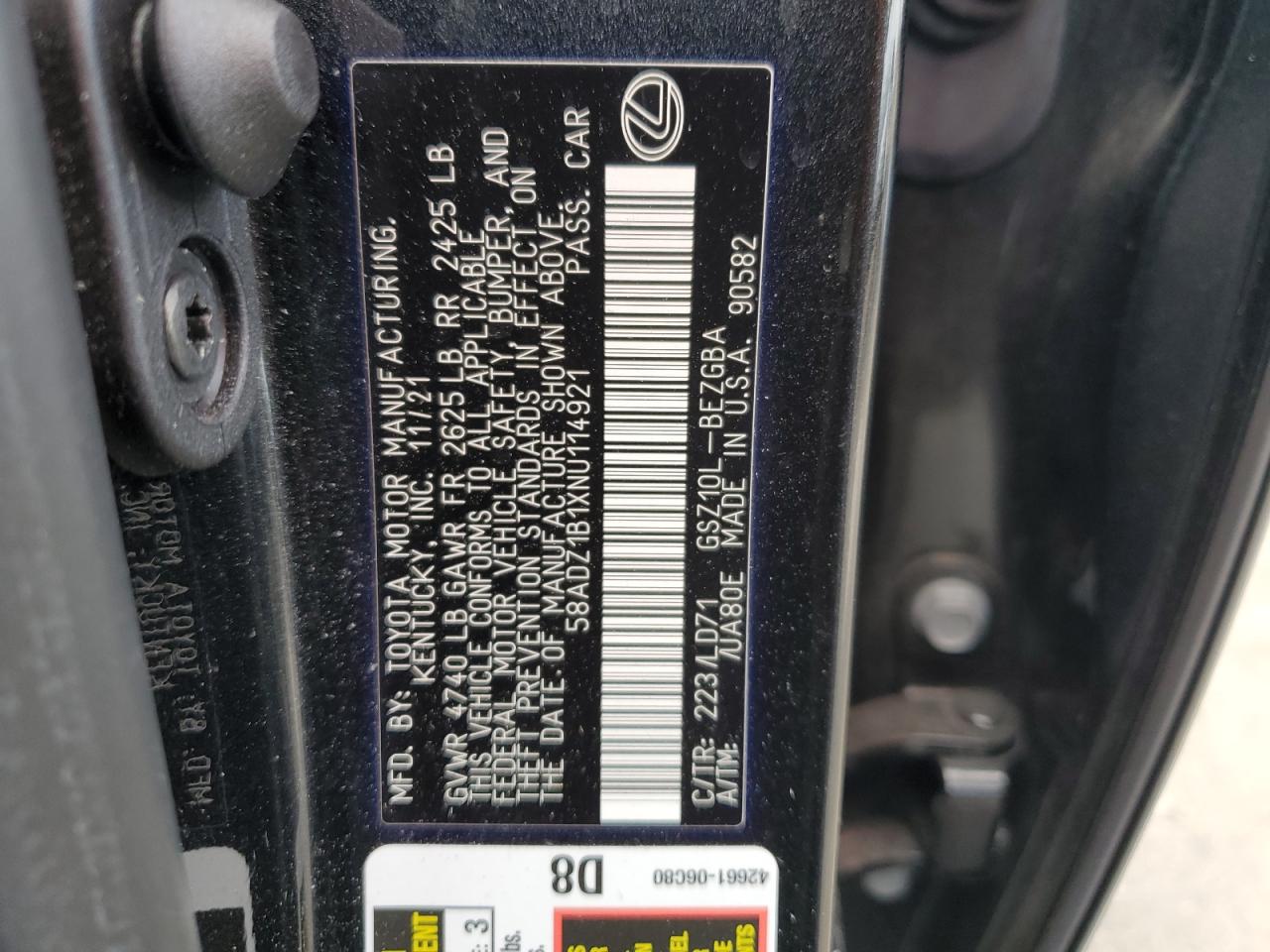 2022 LEXUS ES 350 BASE VIN:58ADZ1B1XNU114921