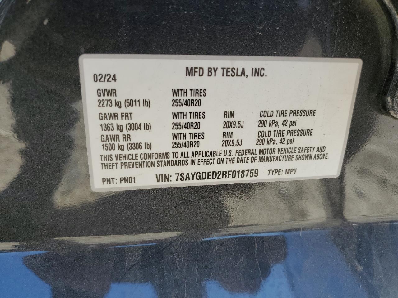 2024 TESLA MODEL Y VIN:7SAYGDED2RF018759