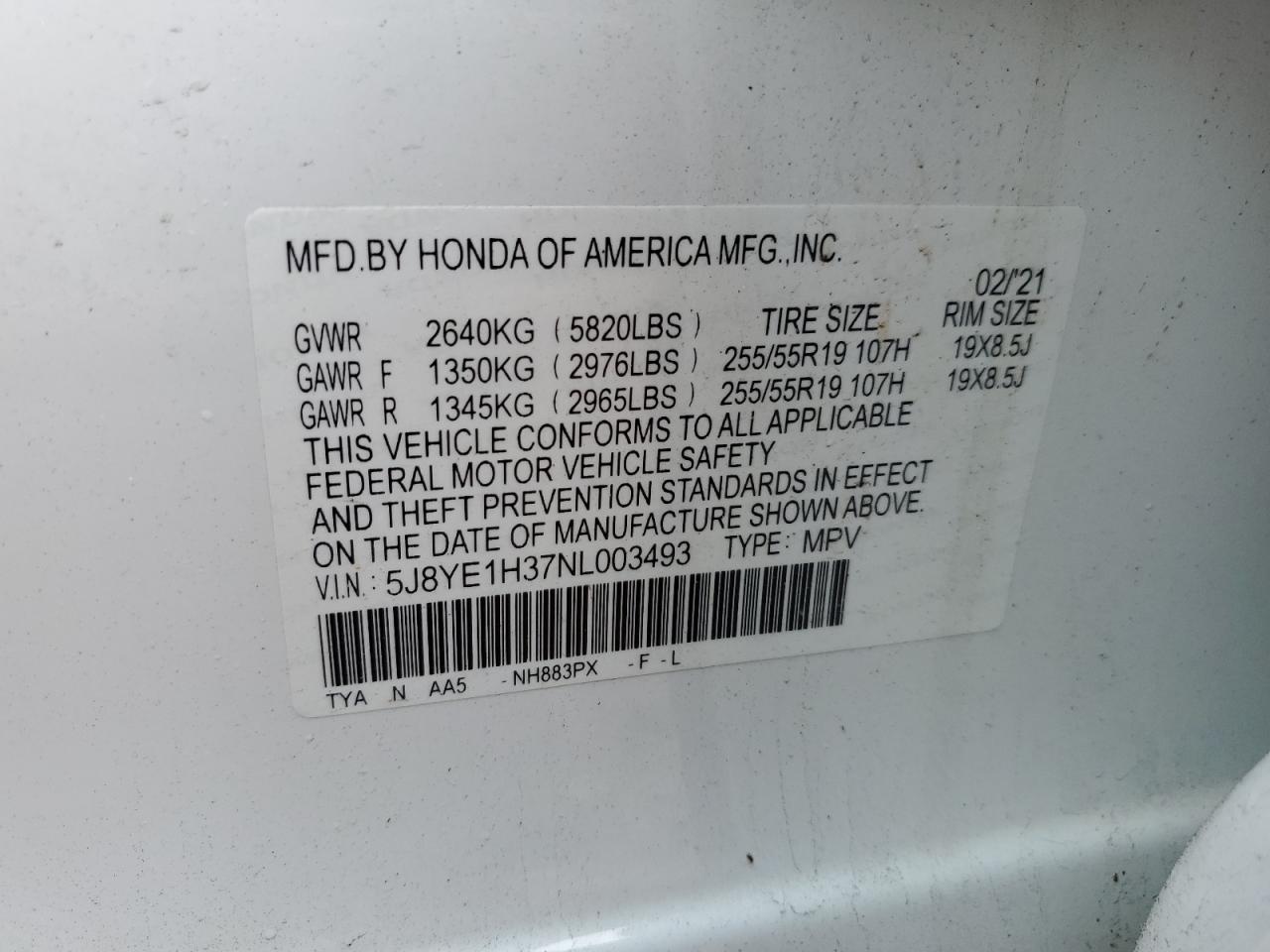 2022 ACURA MDX VIN:5J8YE1H37NL003493