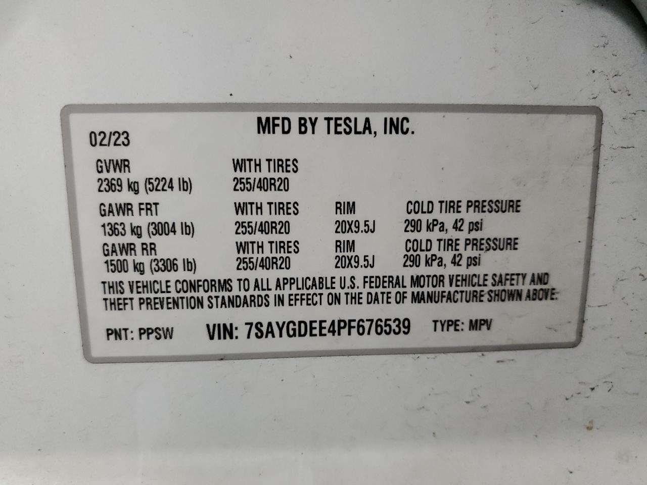 2023 TESLA MODEL Y VIN:7SAYGDEE4PF676539