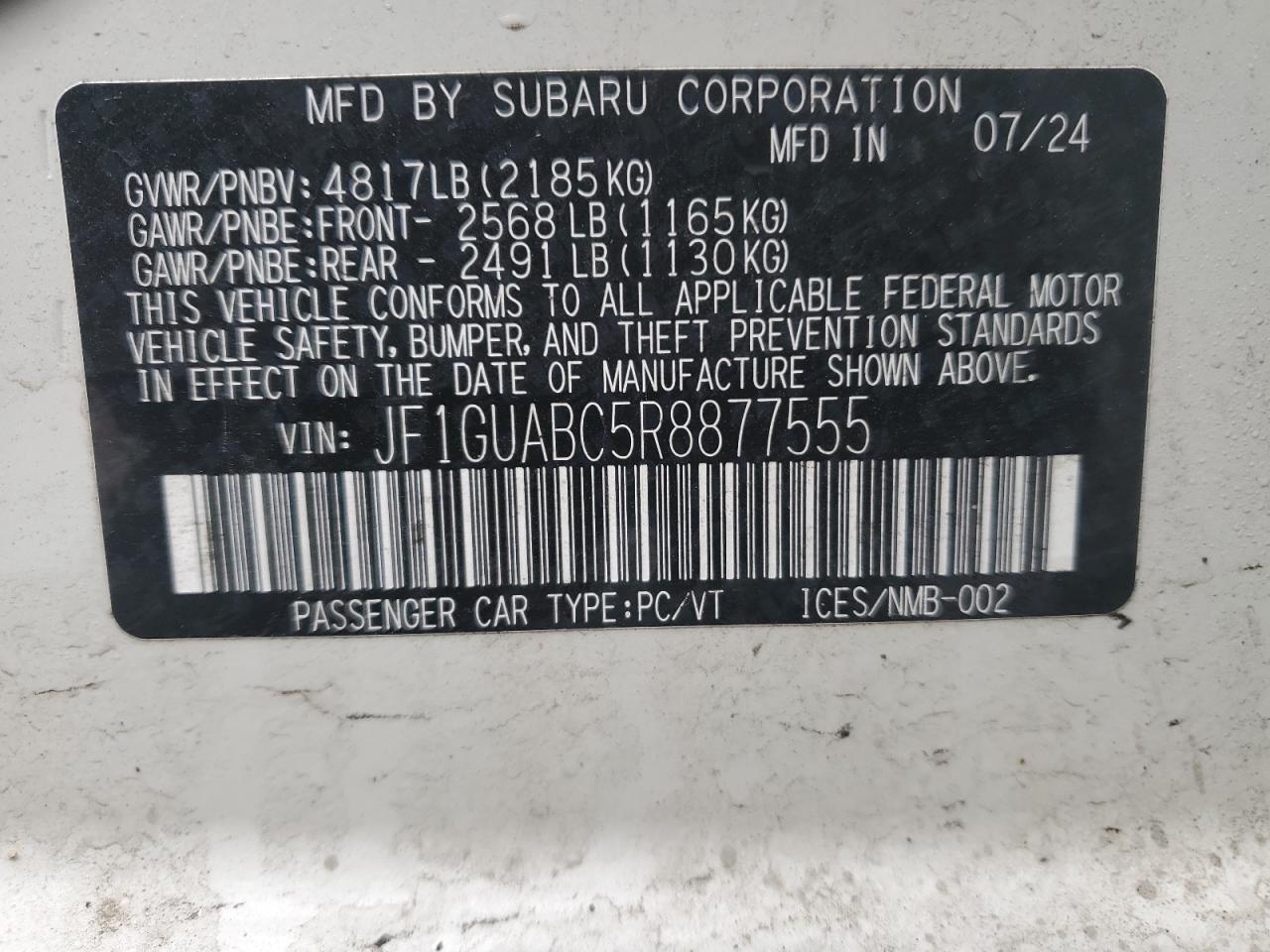 2024 SUBARU IMPREZA VIN:JF1GUABC5R8877555