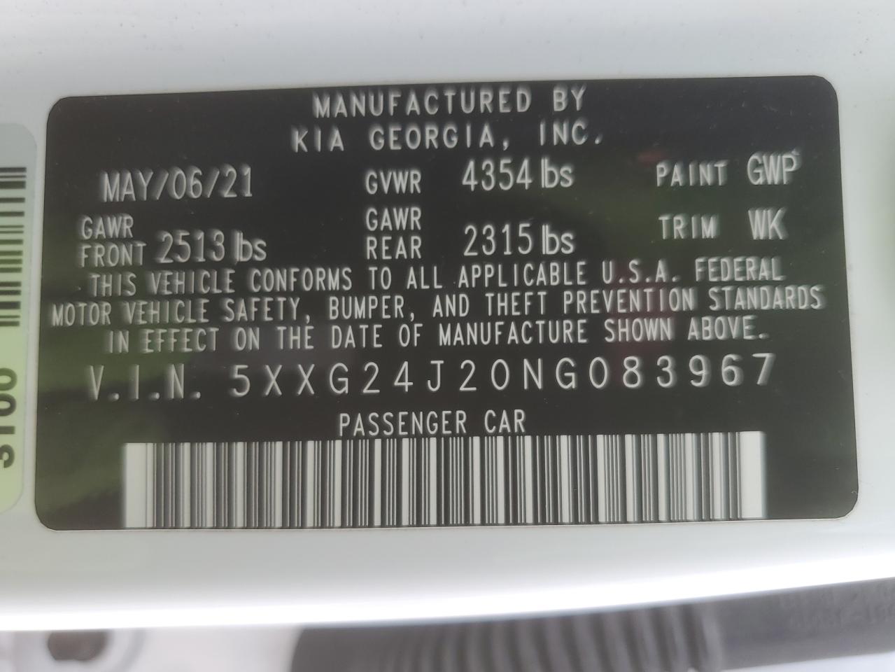 2022 KIA K5 LX VIN:5XXG24J20NG083967