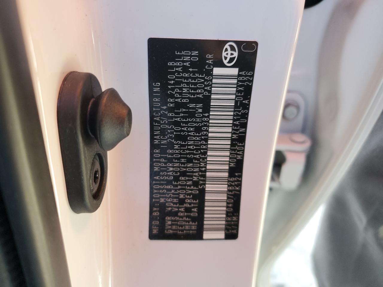 2024 TOYOTA COROLLA XSE VIN:5YFT4MCE1RP199384