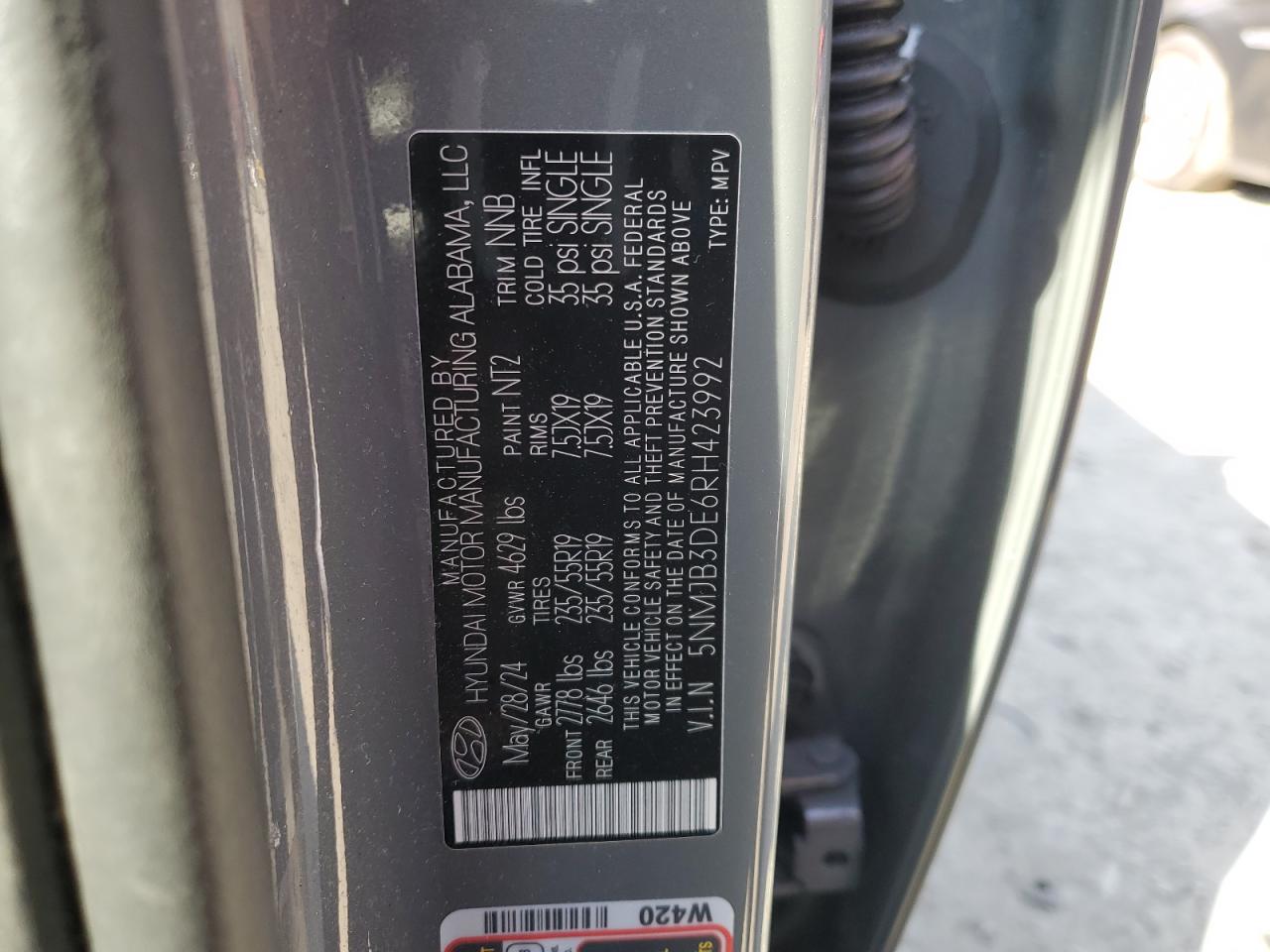 2024 HYUNDAI TUCSON SEL VIN:5NMJB3DE6RH423992