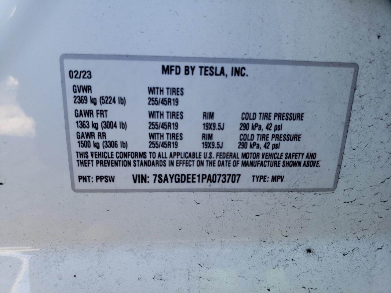 2023 TESLA MODEL Y VIN:7SAYGDEE1PA073707