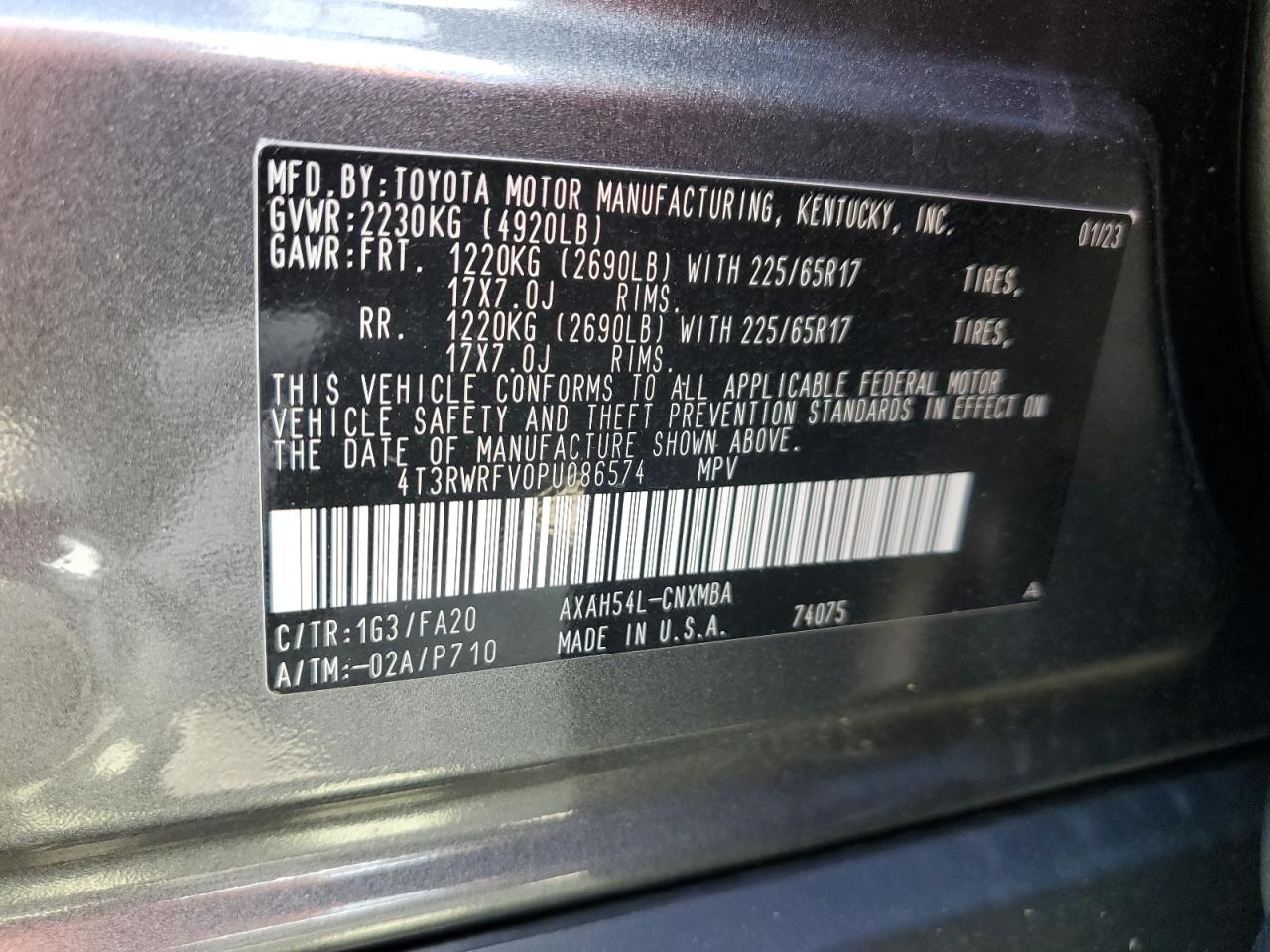 2023 TOYOTA RAV4 XLE VIN:4T3RWRFV0PU086574