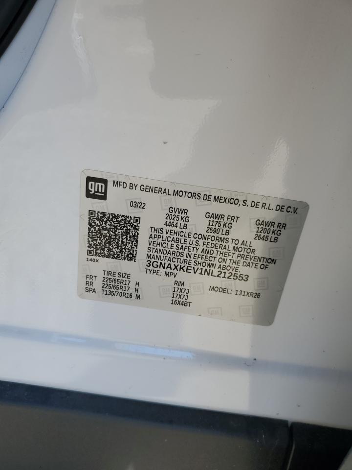 2022 CHEVROLET EQUINOX LT VIN:3GNAXKEV1NL212553