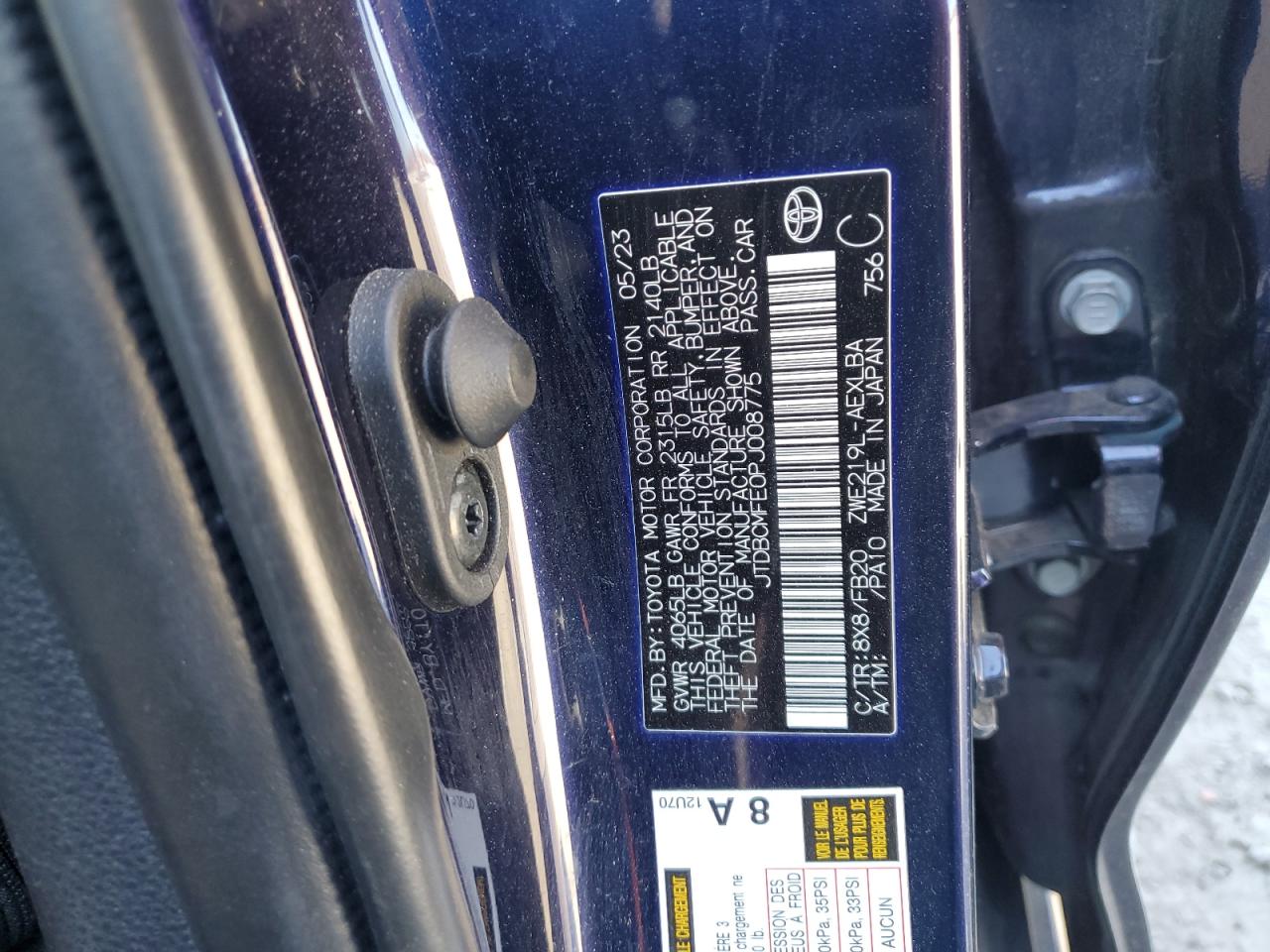 2023 TOYOTA COROLLA LE VIN:JTDBCMFE0PJ008775