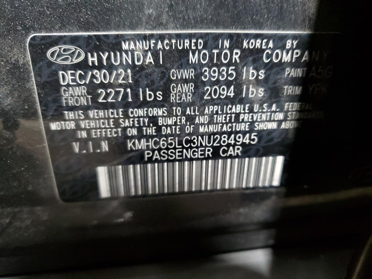 2022 HYUNDAI IONIQ BLUE VIN:KMHC65LC3NU284945