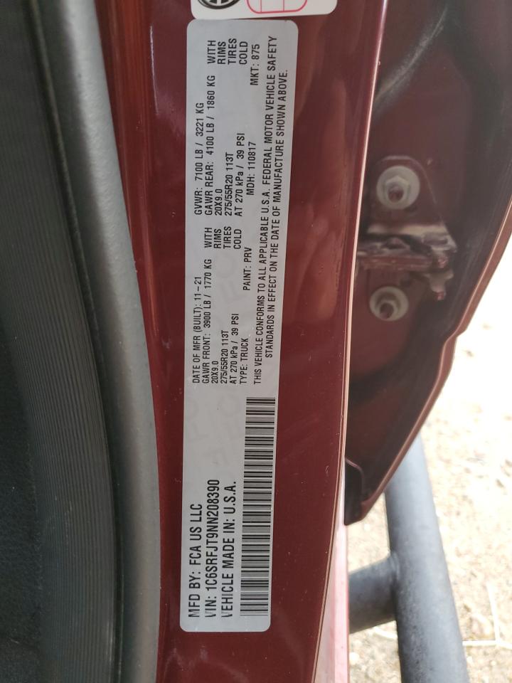 2022 RAM 1500 LARAMIE VIN:1C6SRFJT9NN208390