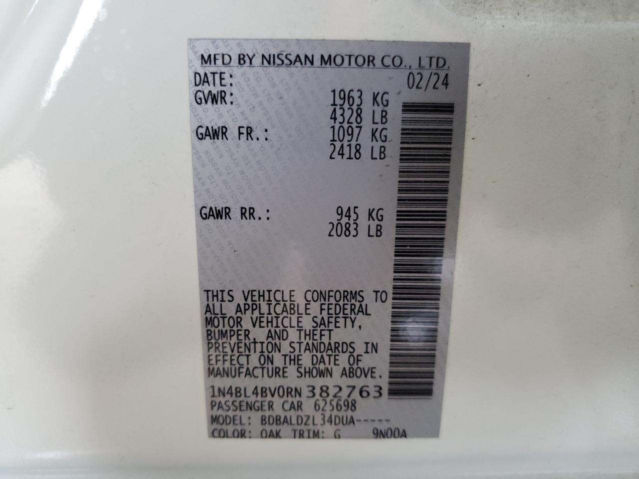 2024 NISSAN ALTIMA S VIN:1N4BL4BV0RN382763