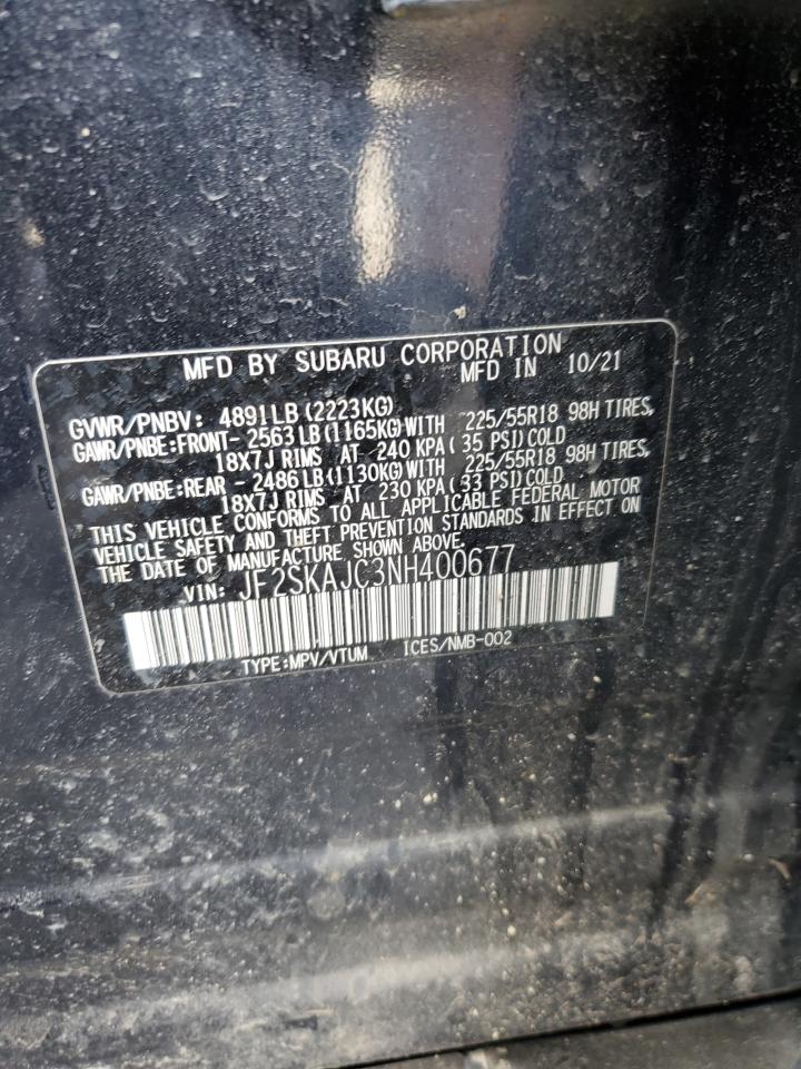 2022 SUBARU FORESTER SPORT VIN:JF2SKAJC3NH400677