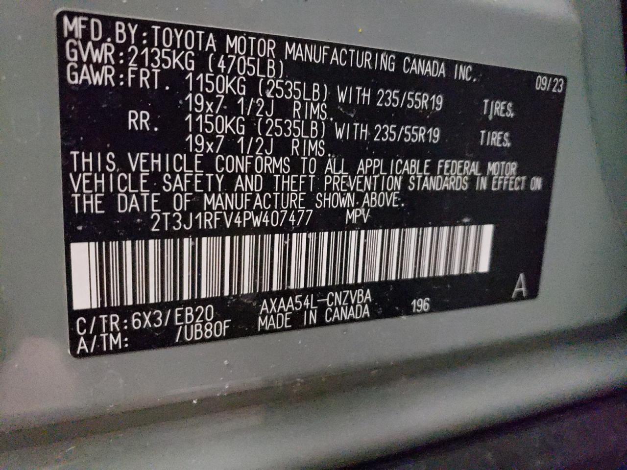 2023 TOYOTA RAV4 ADVENTURE VIN:2T3J1RFV4PW407477