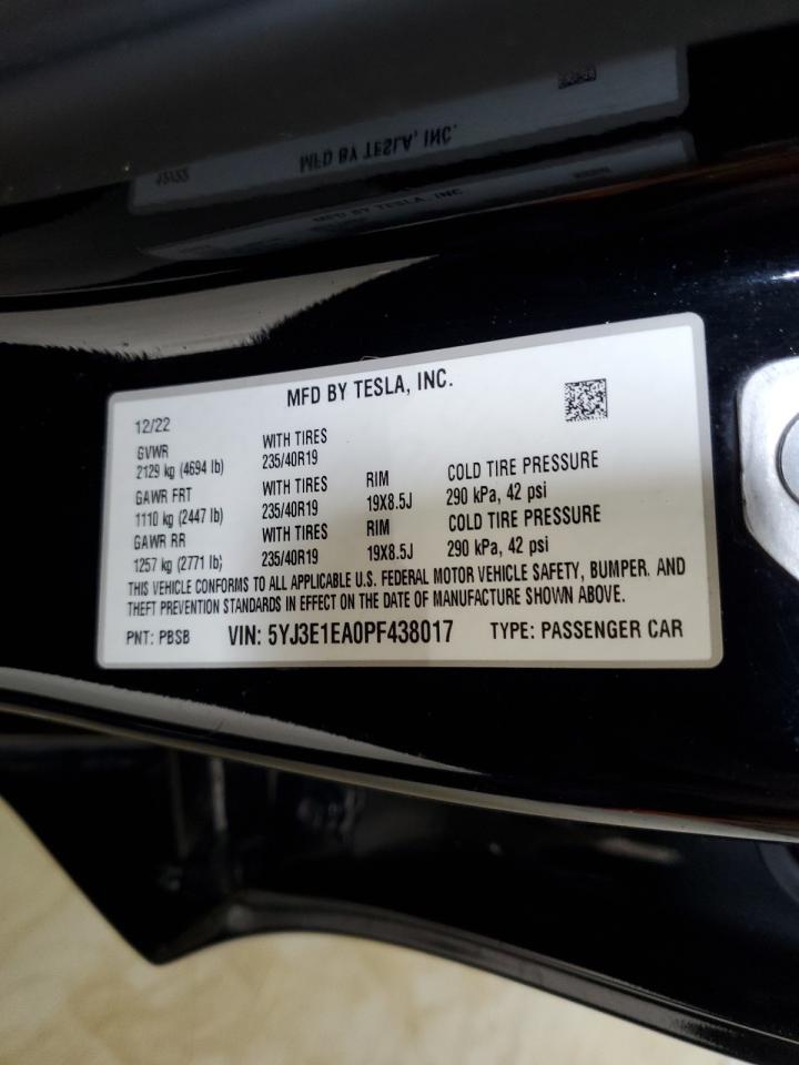 2023 TESLA MODEL 3 VIN:5YJ3E1EA0PF438017