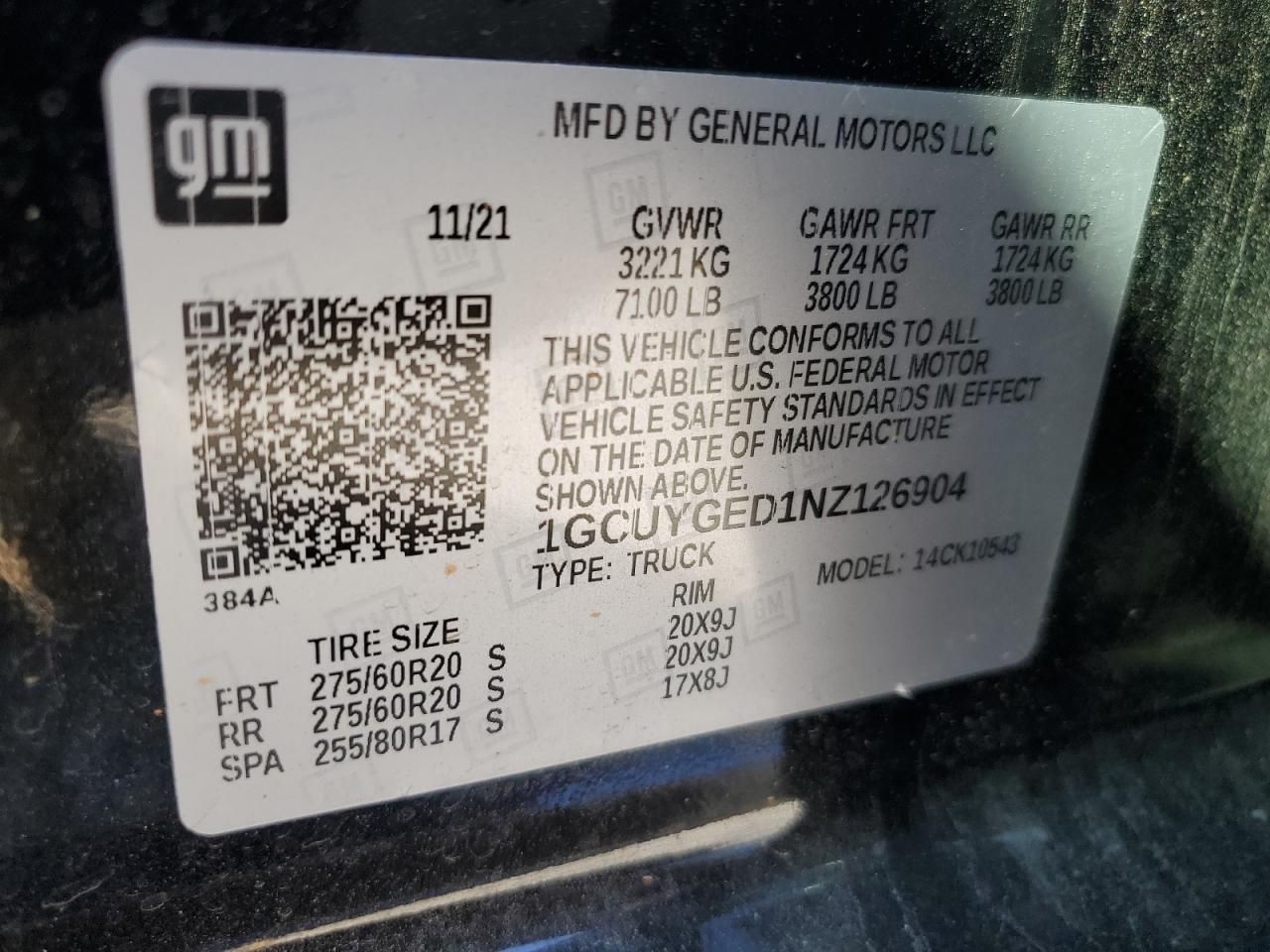 2022 CHEVROLET SILVERADO LTD K1500 LTZ VIN:1GCUYGED1NZ126904