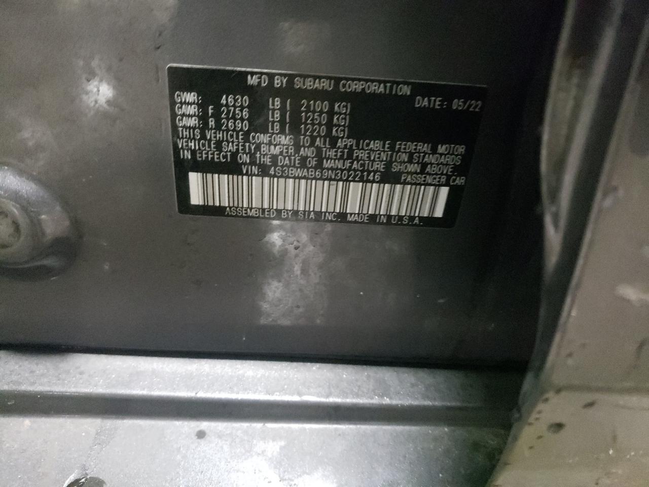 2022 SUBARU LEGACY VIN:4S3BWAB69N3022146