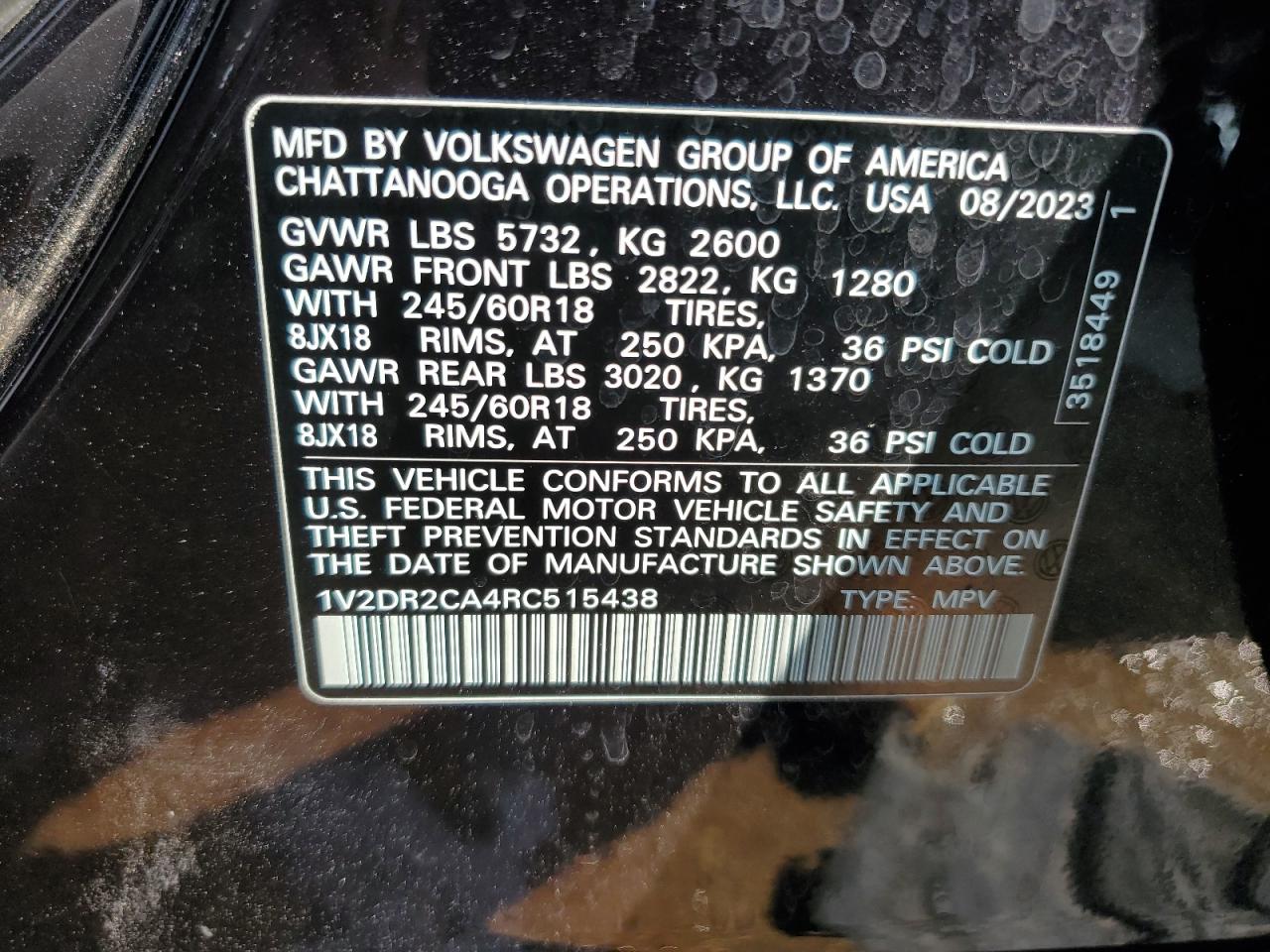 2024 VOLKSWAGEN ATLAS SE VIN:1V2DR2CA4RC515438