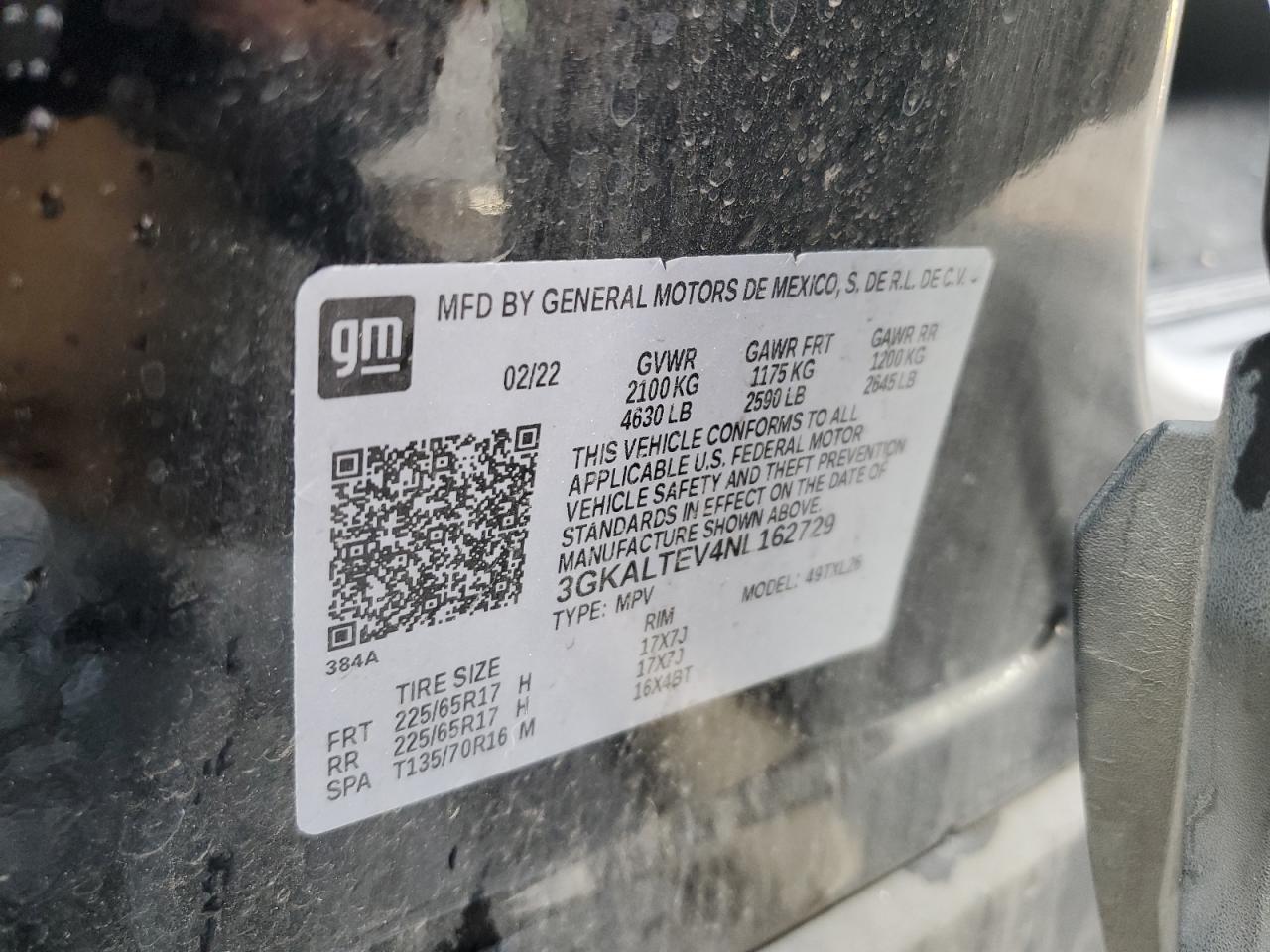 2022 GMC TERRAIN SLE VIN:3GKALTEV4NL162729