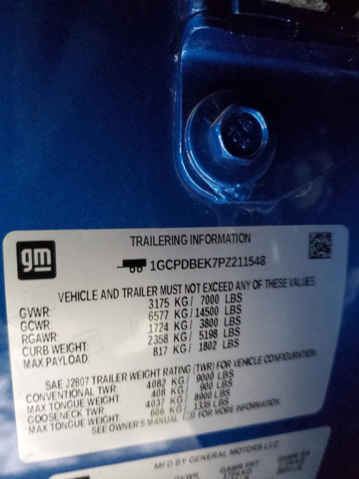 2023 CHEVROLET SILVERADO K1500 CUSTOM VIN:1GCPDBEK7PZ211548