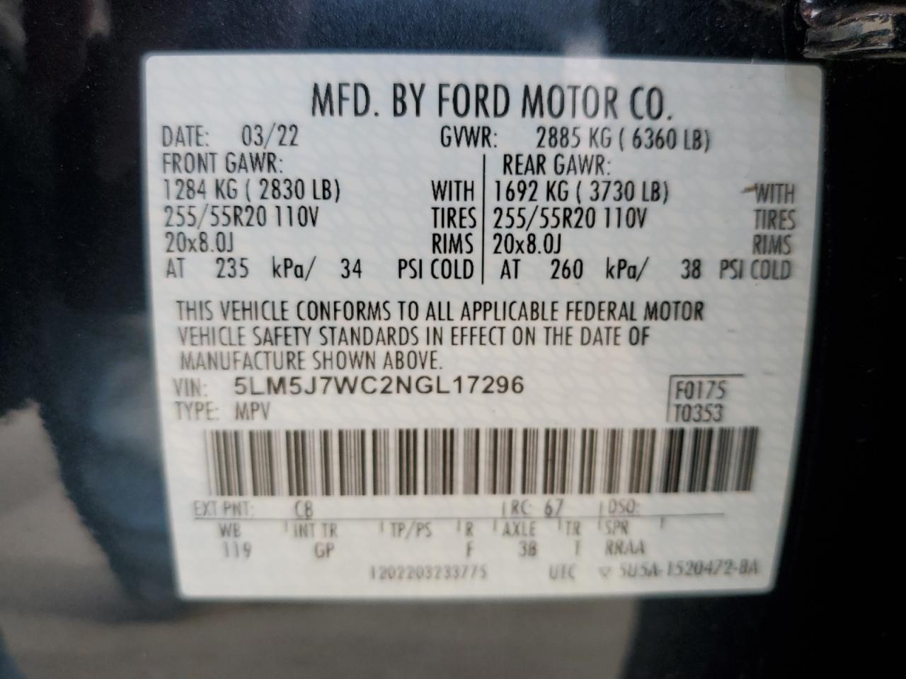 2022 LINCOLN AVIATOR RESERVE VIN:5LM5J7WC2NGL17296