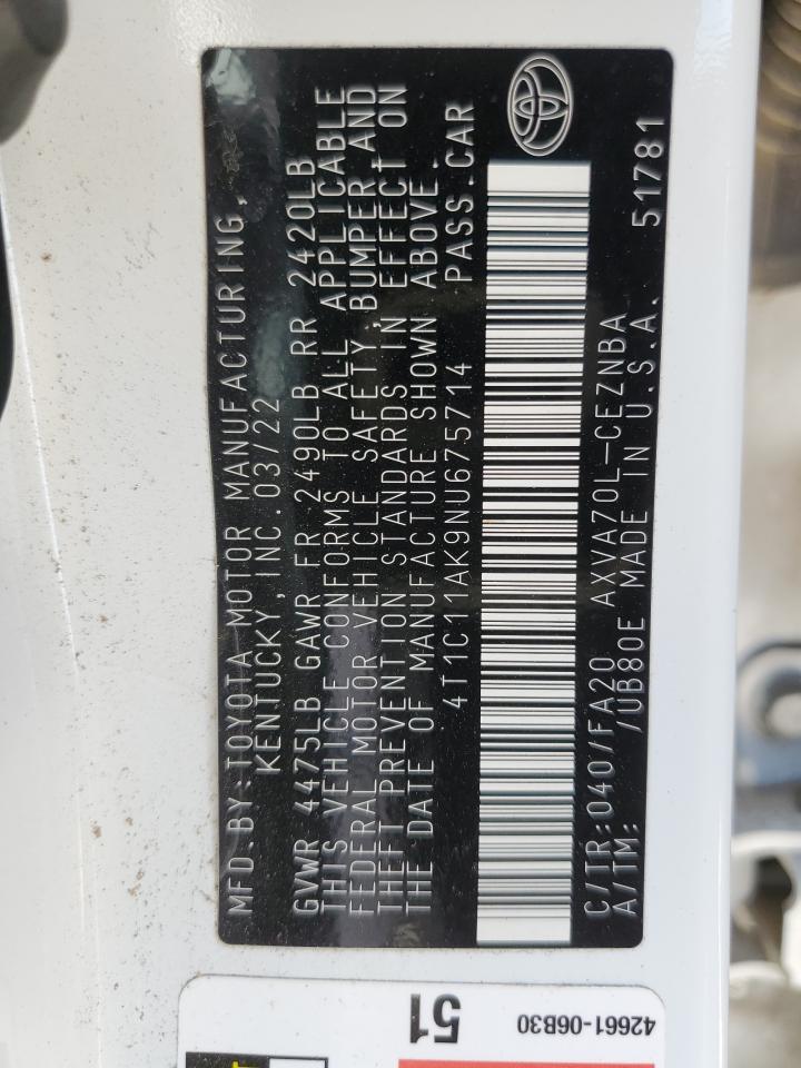 2022 TOYOTA CAMRY LE VIN:4T1C11AK9NU675714