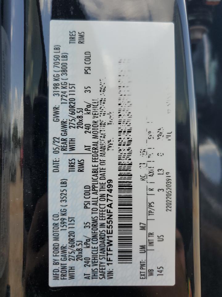 2022 FORD F150 SUPERCREW VIN:1FTFW1E55NFA77499