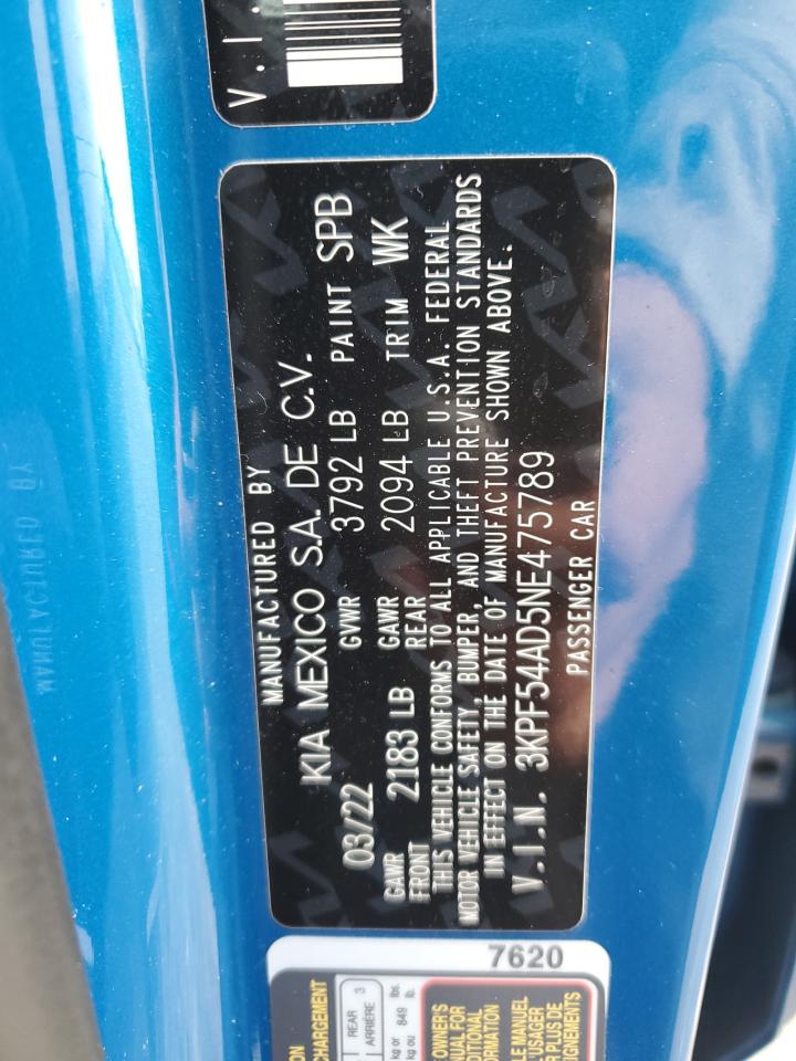 2022 KIA FORTE GT LINE VIN:3KPF54AD5NE475789