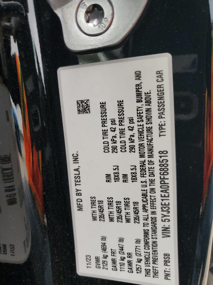 2023 TESLA MODEL 3 VIN:5YJ3E1EA0PF688518